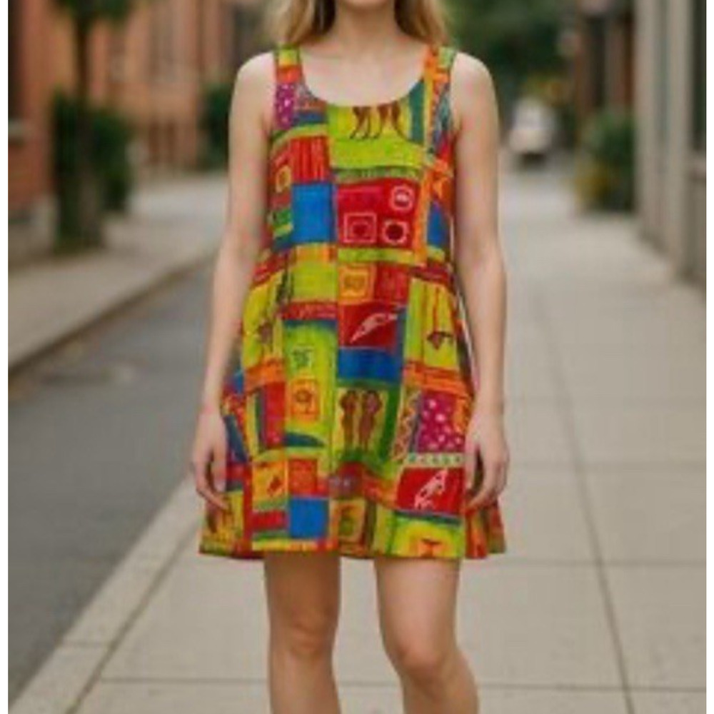 Vtg Jag Dress Womens M Colorful Block Print Sleeveless Ethnic Tribal‎ Sundress
